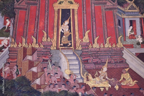 Photography The murals behind the main Buddha image are the three worlds: heaven, humans, and hell