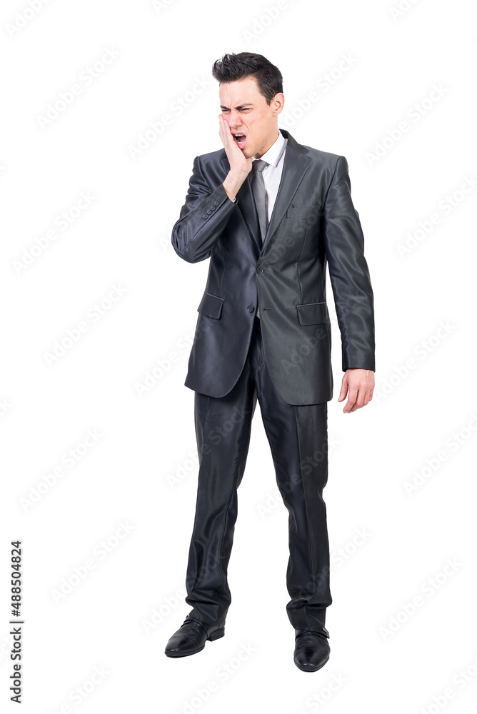 Man in suit suffering from toothache. White background. Man in suit suffering from toothache. White background.