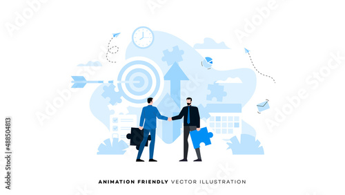 Two businessmen with briefcases in the form of puzzles shake hands. Animation ready duik friendly vector Illustration. Conceptual business story. Puzzle connection, partnership, collaboration.