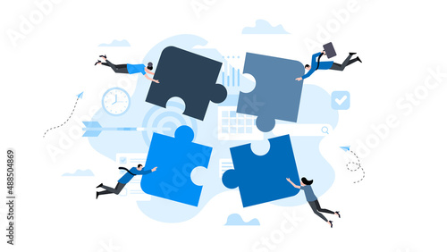 People fly towards each other to connect puzzles. Animation ready duik friendly vector Illustration. Conceptual business story. Puzzle connection, teamwork abstract metaphor, partnership.