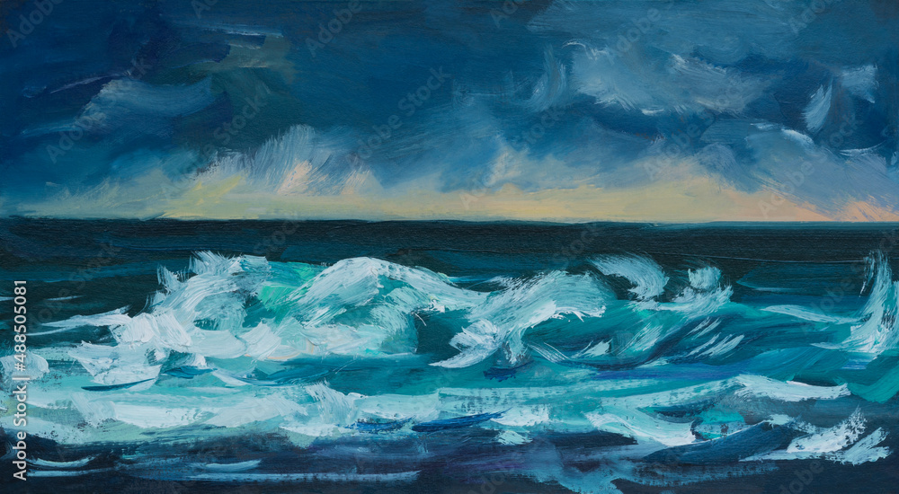 Sea oil painting. Abstract turquoise seascape. Impressionism, plein-air sketch, original work. The concept of bad weather storm. Artistic pictorial background for creative design of postcards, covers
