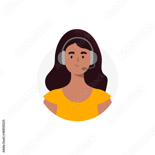 An avatar of indian woman from a call center. Live chat operators, hotline operator, assistant with headphones. Online technical support 24 7. Vector flat illustration.