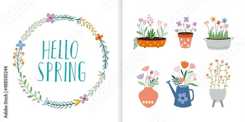 Hello spring collection with floral wreath and springtime elements  flowers in pots  hand lettering  seasonal decorative design