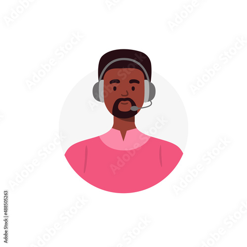 An avatar of african-american man from a call center. Live chat operators, hotline operator, assistant with headphones. Online technical support 24 7. Vector flat illustration.