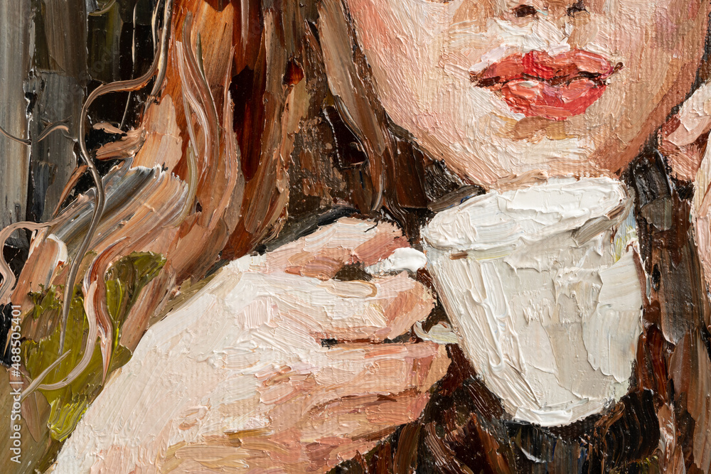 The girl is drinking coffee in a cafe. Woman with a cup in her hand. Oil painting on canvas.