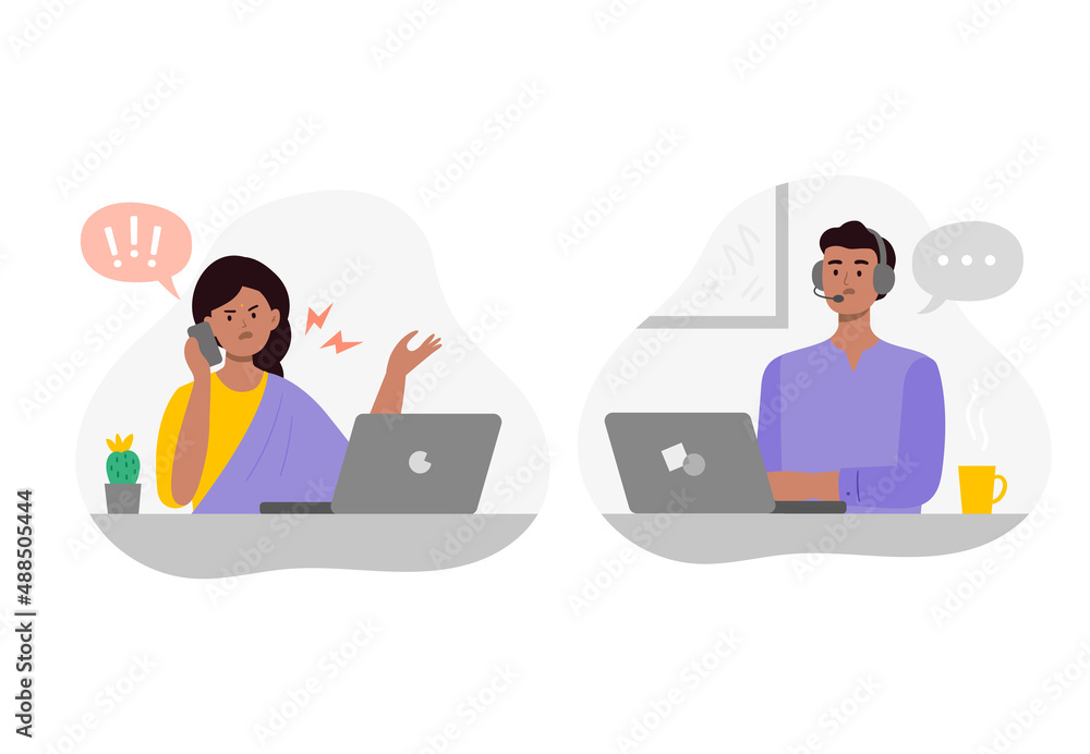 An Indian man from a call center communicates with a dissatisfied user. Dealing with a complaint. Customer and technical support concept. Vector flat illustration. An Indian man from a call center communicates with a dissatisfied user. Dealing with a complaint. Customer and technical support concept. Vector flat illustration.