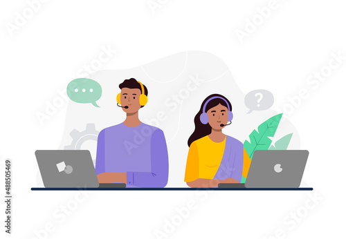 A man and woman from a call center. Dealing with a customer problem, answering calls, chatting with clients. Customer support department staff, telemarketing agents. Vector flat illustration.