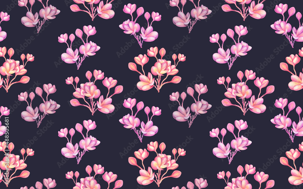 Watercolor painting pink,colorful blooming flowers seamless pattern on dark background.Watercolor hand drawn illustration flower plumeria tropical exotic for wallpaper textile summer hawaii style.