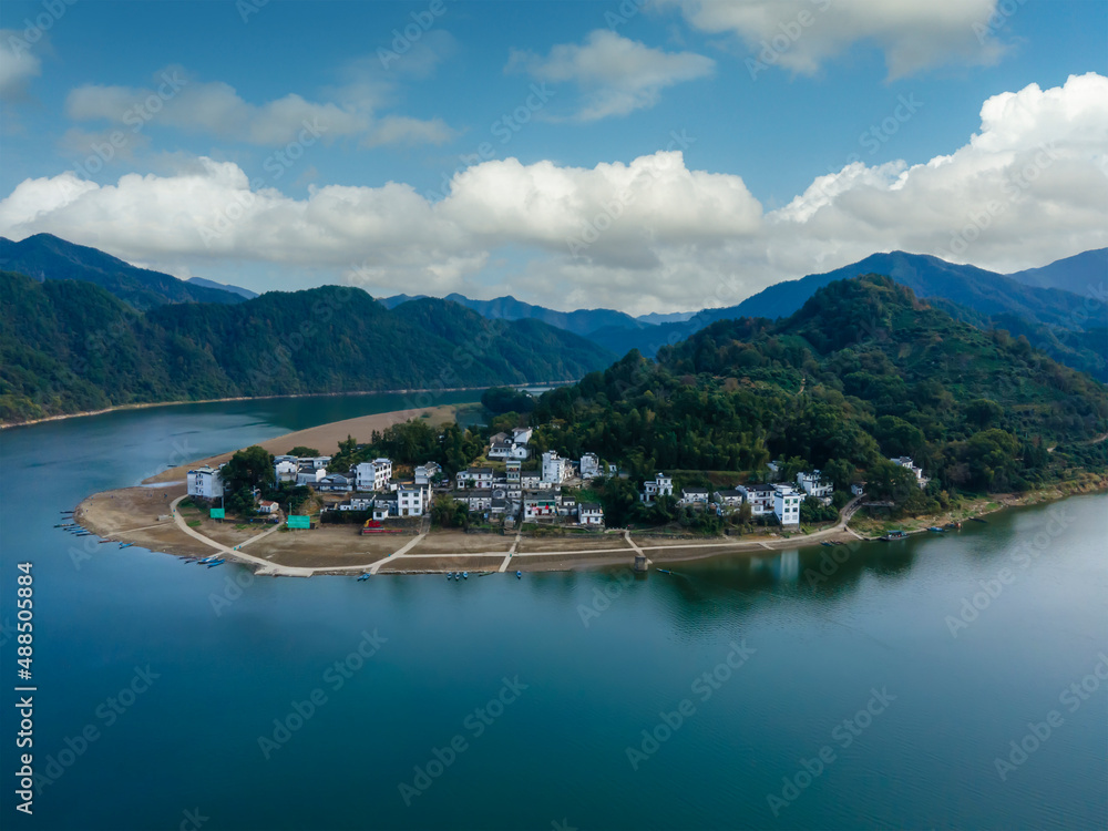 Aerial photography of the pastoral scenery of the Xin'an River in Huizhou