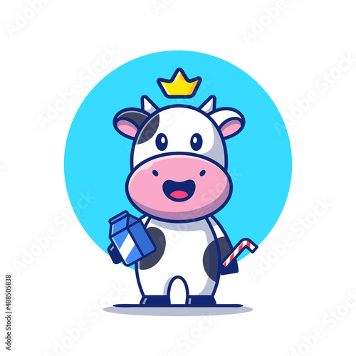 Cute Cow Holding Milk Box And Straw Cartoon Vector Icon Illustration. Animal Food Icon Concept Isolated Premium Vector. Flat Cartoon Style