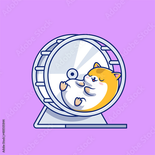 Cute Hamster Sleeping In Jogging Wheel Cartoon Vector Icon Illustration. Animal Sleep Icon Concept Isolated Premium Vector. Flat Cartoon Style