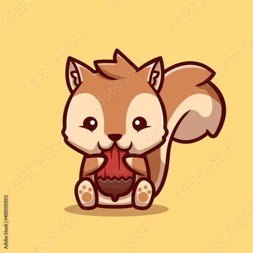 Cute Squirrel Eating Nut Cartoon Vector Icon Illustration. Animal Food Icon Concept Isolated Premium Vector. Flat Cartoon Style