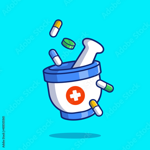 Pestle And Mortar Crushing Pills And Tablets Cartoon Vector Icon Illustration. Healthcare Medicine Icon Concept Isolated Premium Vector. Flat Cartoon Style
