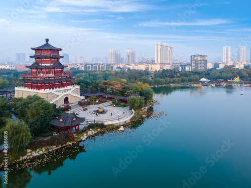Aerial photography of Jining old city buildings landscape skyline