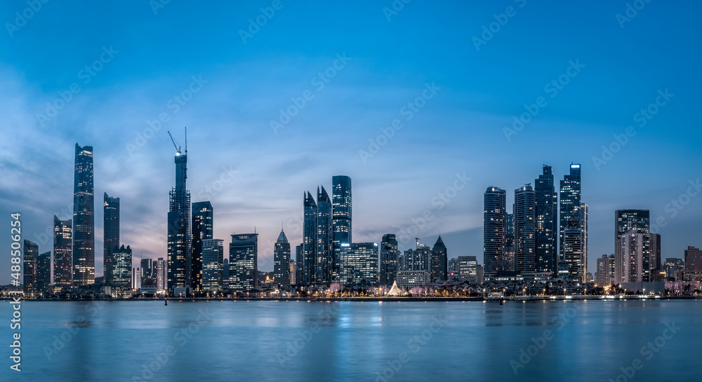 Qingdao city coastline buildings landscape and sky clouds Qingdao city coastline buildings landscape and sky clouds