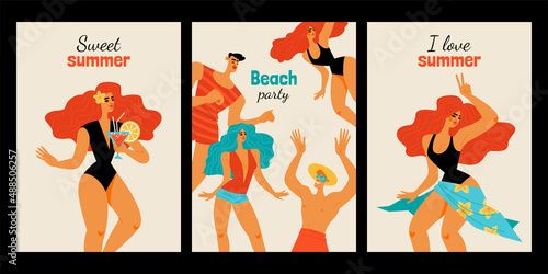 Summer beach party illustration set with cheerful young people in beachwear dancing and drinking cocktails.