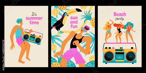 Set of illustrations with people having fun at a beach party and enjoying music and summer.