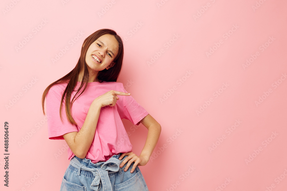 beautiful woman in stylish clothes posing emotions pink background beautiful woman in stylish clothes posing emotions pink background