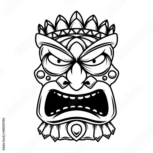 Illustration tiki statue in monochrome style. Design element for logo, label, sign, poster, card. Vector illustration