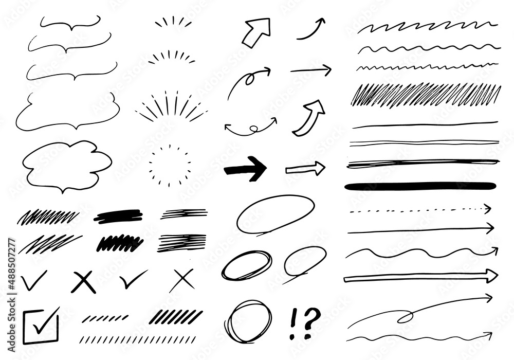 手書きの線画のデザイン素材のベクターイラストセット 吹き出し 矢印 太陽 チェック Decoration Icon Stock ベクター Adobe Stock 手書きの線画のデザイン素材のベクターイラストセット 吹き出し 矢印 太陽 チェック Decoration Icon Stock ベクター Adobe Stock