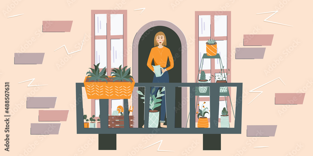 Garden on balcony, girl is watering the flowers. Grows flowers and seedlings on the balcony. Home urban hobby. Flat vector illustration. Home vacation and vacation concept