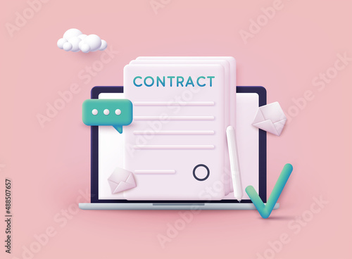 Contract papers. Document. Digital signature concept. Businessman signing an agreement or contract online.3D Web Vector Illustrations.