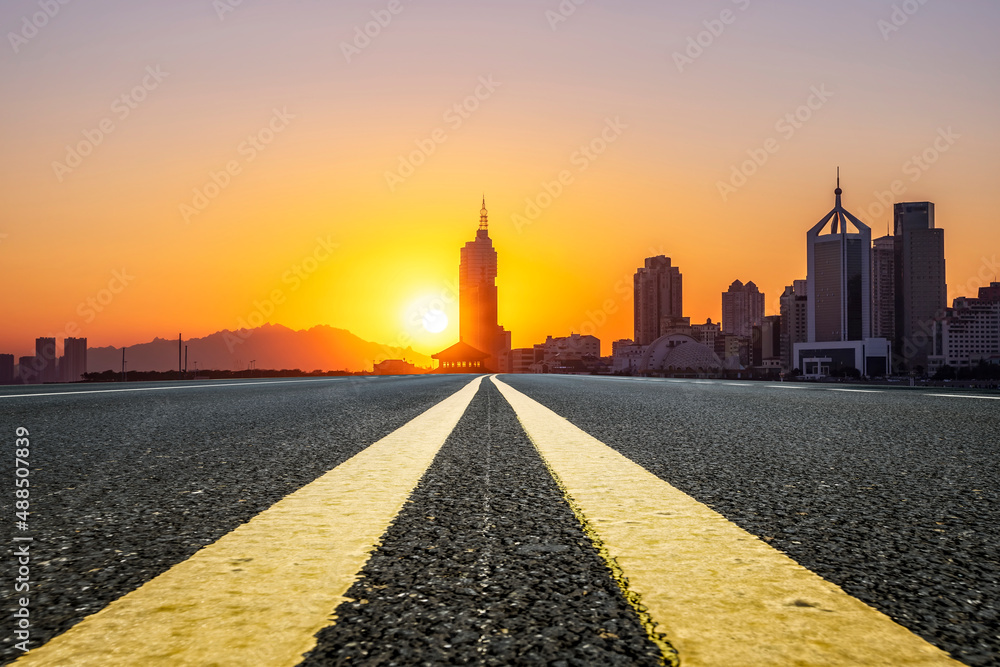 Road and Chinese modern city buildings background