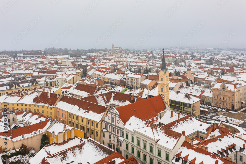 Aerial view about Church of St. Michael at Sopron, Hungary. Winter cityscape.