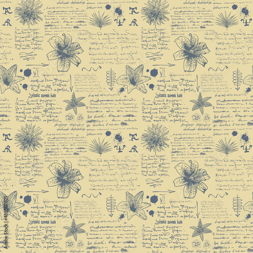 vector image of a seamless texture background for printing on fabric and paper in the style of notes from a diary of a botanist with sketches, formulas and notes text lorem ipsum