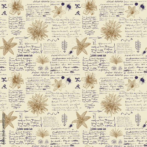 vector image of a seamless texture background for printing on fabric and paper in the style of notes from a diary of a botanist with sketches, formulas and notes text lorem ipsum
