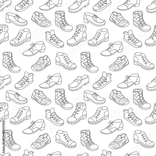 Shoes seamless pattern background. Different types of shoes shop assortment.