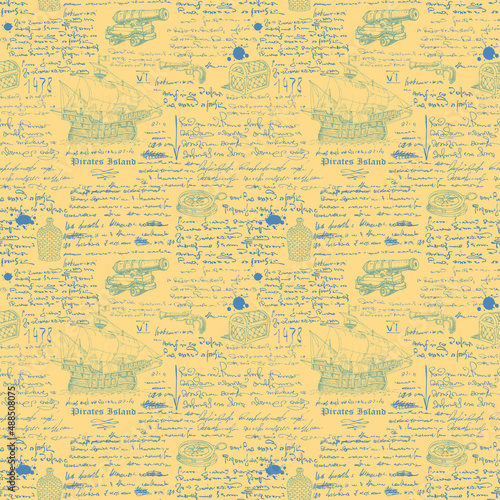Vector image of a seamless texture for printing on fabric and paper in the style of a medieval marine record, sketch, engraving of the captain's diary font lorem ipsum