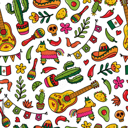 Cinco de Mayo seamless pattern, print with hand drawn doodles on white background. Wrapping paper, wallpaper, packaging, textile prints. EPS 10