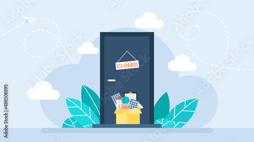 Firing from a job. Cardboard box full of office stuff. Door with the inscription Closed. Job cuts. Dismissal employee. Unemployment and Jobless concept. Flat style design. Vector business illustration