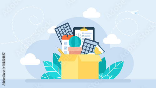 Firing from a job. Cardboard box full of office stuff. Job cuts. Hiring and recruiting. Dismissal employee. Unemployment and Jobless concept. Flat style design. Vector business illustration. 