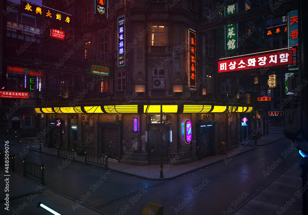 Futuristic Asian City Street 3D Render