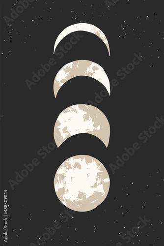 Boho moon phases background. Contemporary print, poster or card, mystery feminine symbol, esoteric and astronomy vertical backdrop, trendy minimalist wall art, vector illustration
