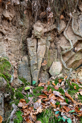 Pierre en forme de statue dans un fossé au bord d'un chemin de randonnée du pic de Cluzel dans le puy de dôme