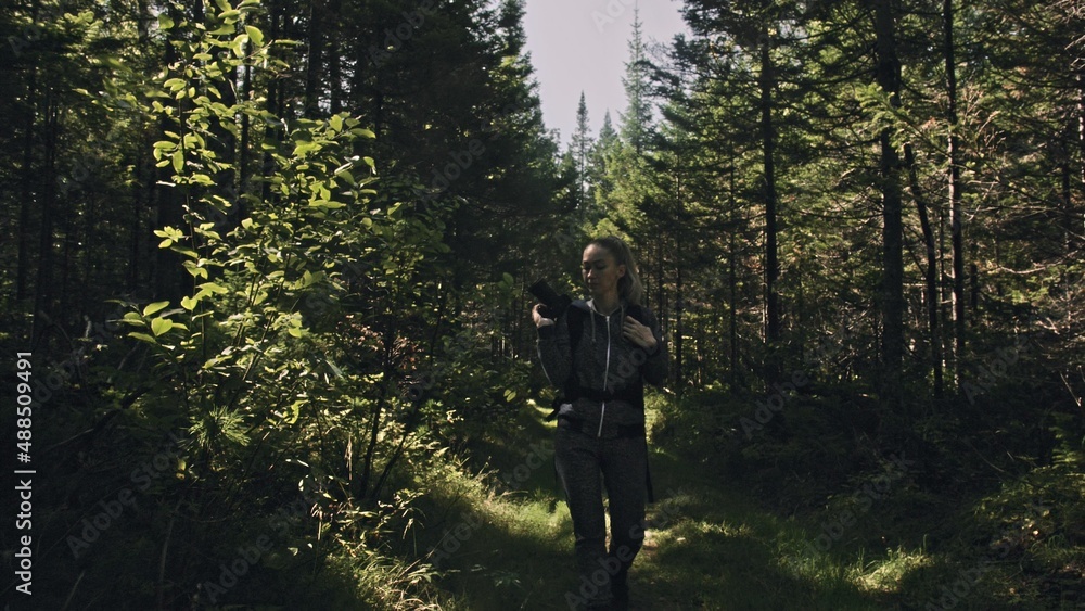 Traveler photographing scenic view in forest. One caucasian woman shooting nice magic look. Girl take photo video on dslr mirrorless camera. Professional photographer travel with backpack. Outdoor. Traveler photographing scenic view in forest. One caucasian woman shooting nice magic look. Girl take photo video on dslr mirrorless camera. Professional photographer travel with backpack. Outdoor.