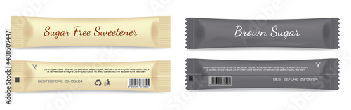 Realistic Brown Sugar sachet, Brown Sugar in 

paper kraft packaging, Mock up for design 

isolated on white background, packet mockup 

for food sweetener.

