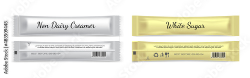 Realistic creamer and sugar sachet, creamer in paper 

kraft packaging, Mock up for design isolated 

on white background, packet mockup for food 

sweetener.
