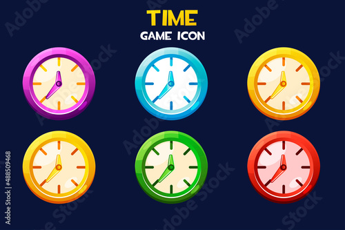 Multicolored round clock, game time icons for design.