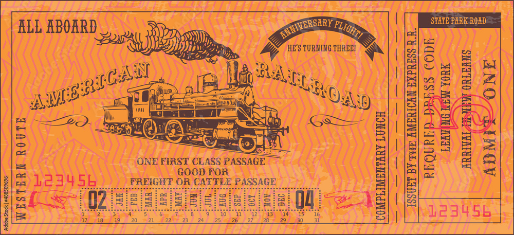 vector image of old vintage american western rail train ticket - obrazy, fototapety, plakaty 