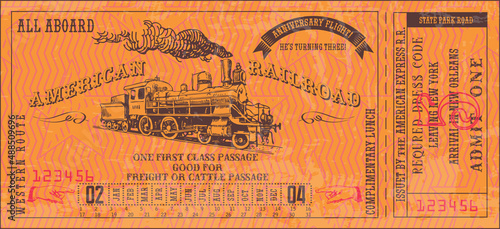 vector image of old vintage american western rail train ticket photo