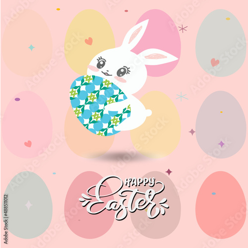 A bunny jumps happily holding a green and sky blue patterned Easter egg in front of a colorful background that full of eggs. Text: Happy Easter. vector in square composition.