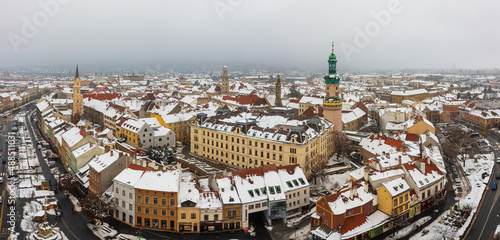 Aerial panoramic view of Sopron downtown. Winter cityscape with snowy rooftops. photo