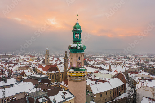 Fényképezés Aerial close up view about the 58 meters high iconic Fire tower in the heart of Sopron city