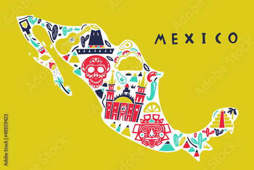 Vector hand drawn stylized map of Mexico landmarks. Travel illustration. The United Mexican States geography illustration. Latin America map element