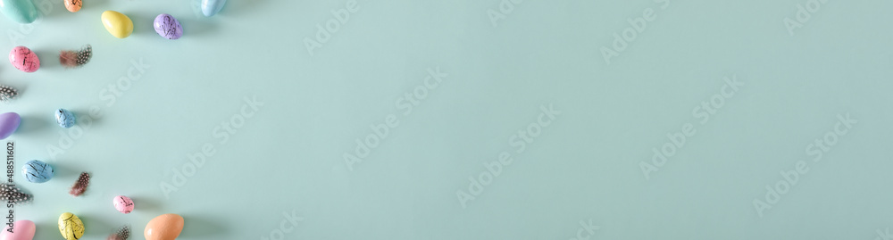A long horizontal banner for Easter. Copy space. Flat lay, top view. A long horizontal banner for Easter. Copy space. Flat lay, top view.