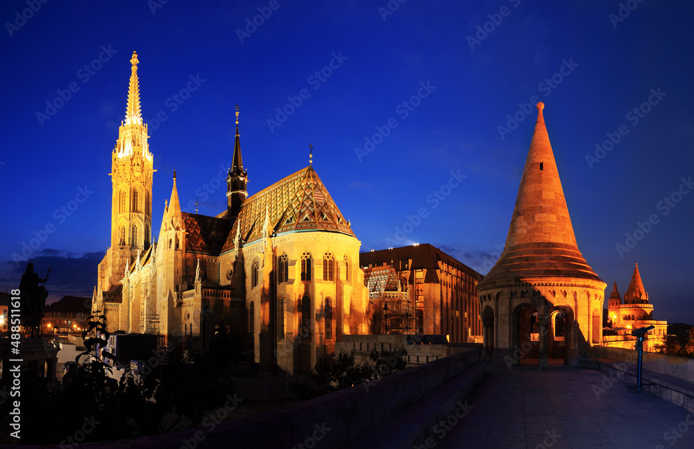 Matthias Church and Fisherman's bastion in Budapest at night Matthias Church and Fisherman's bastion in Budapest at night